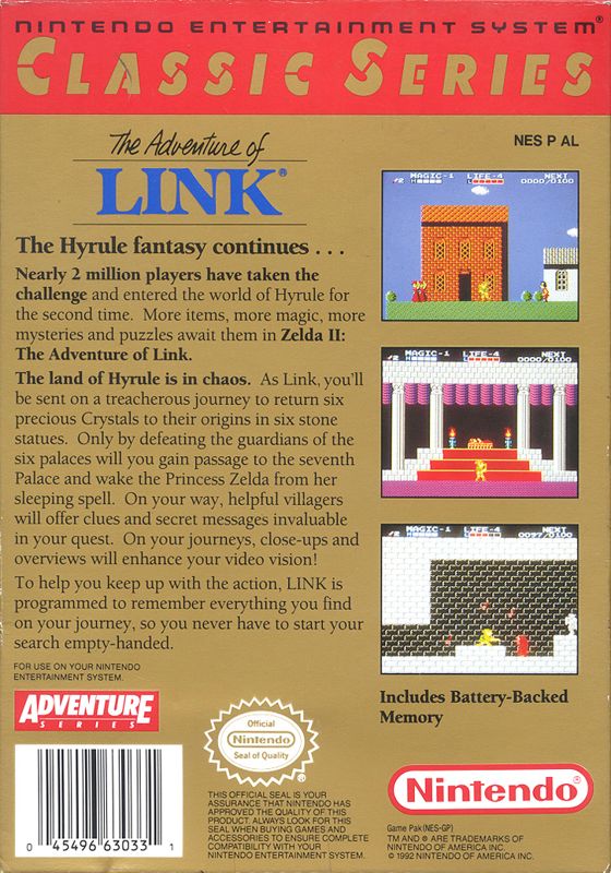 Back Cover for Zelda II: The Adventure of Link (NES) (Classic Series)