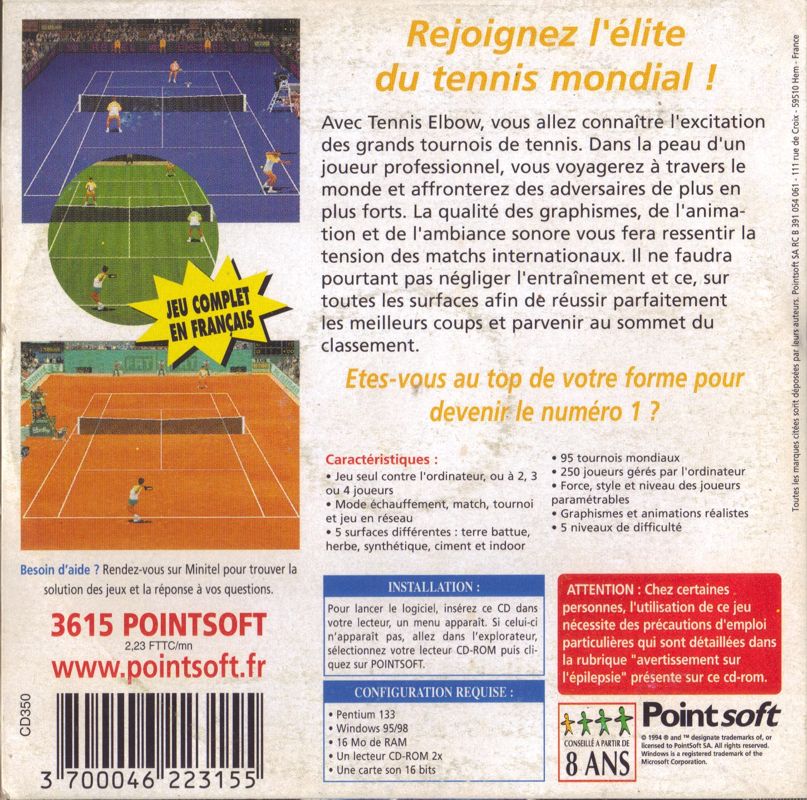Back Cover for Tennis Elbow (DOS) ("Les Grands Jeux #2" series release (Pointsoft 2000))