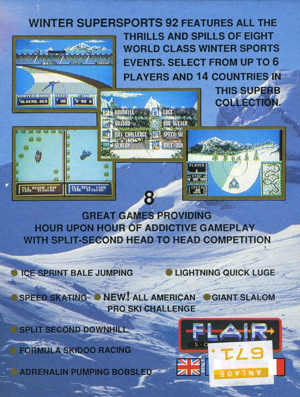 Back Cover for Winter Supersports 92 (Commodore 64) (Cassette release)