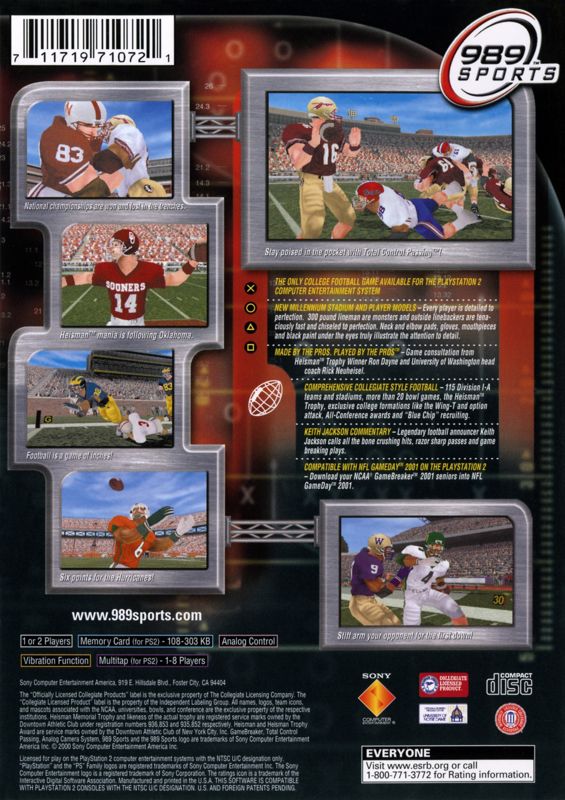Back Cover for NCAA GameBreaker 2001 (PlayStation 2)