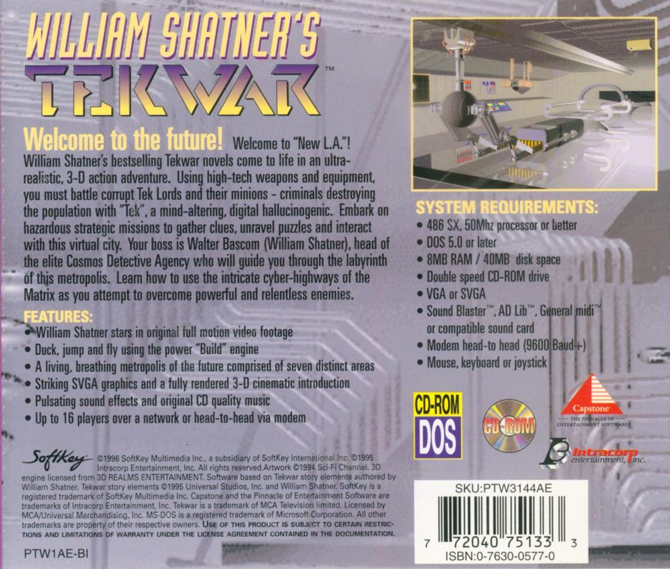 Back Cover for William Shatner's TekWar (DOS) (SoftKey release)