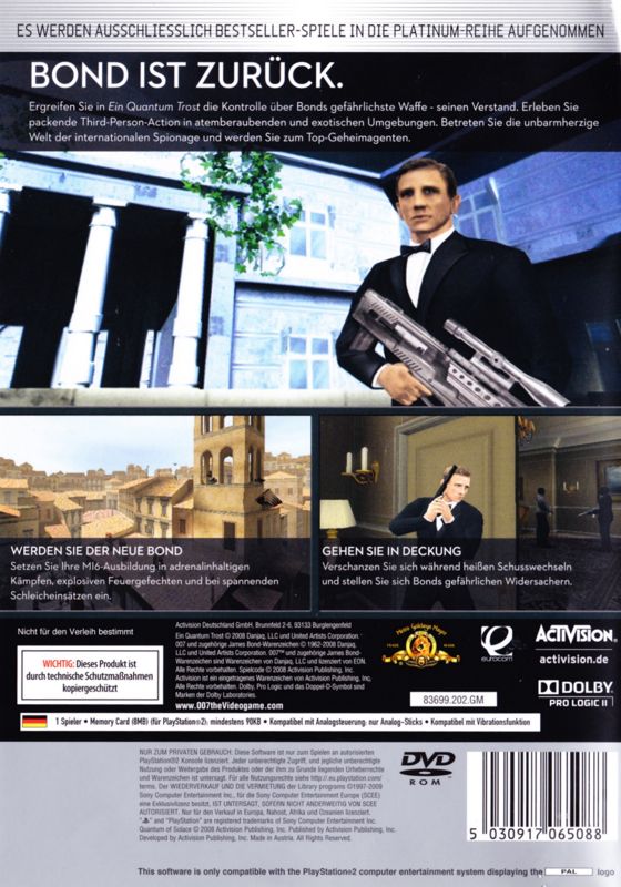 Back Cover for 007: Quantum of Solace (PlayStation 2) (Platinum release)