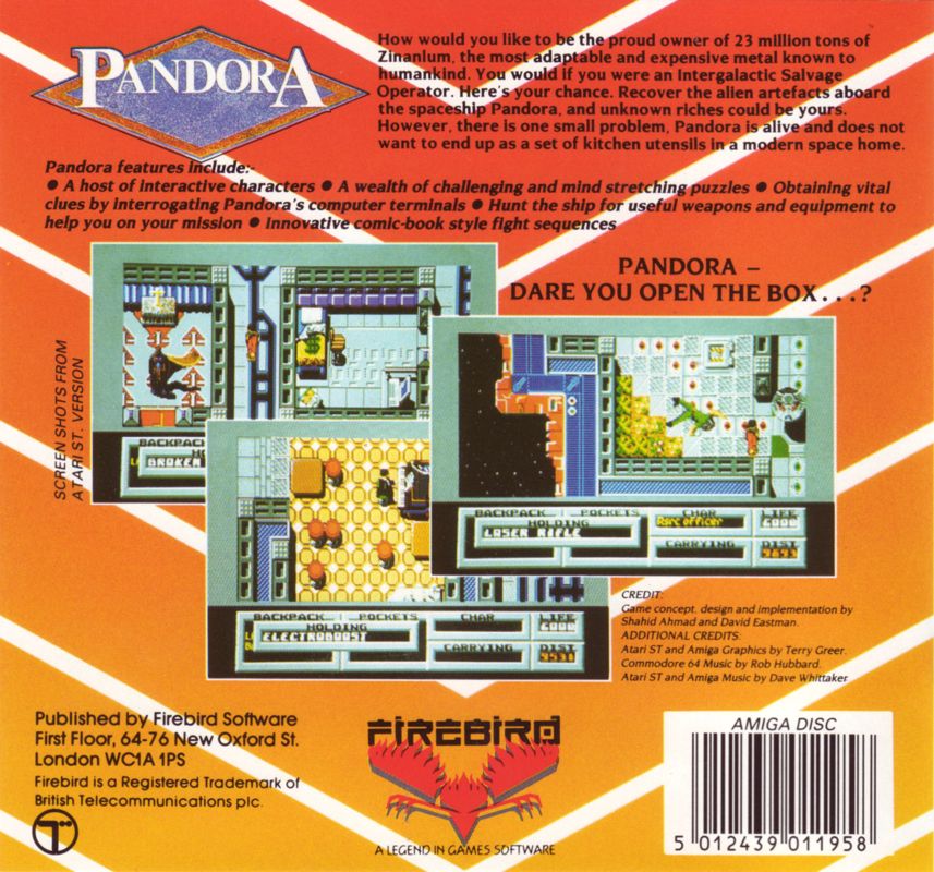 Back Cover for Pandora (Amiga)