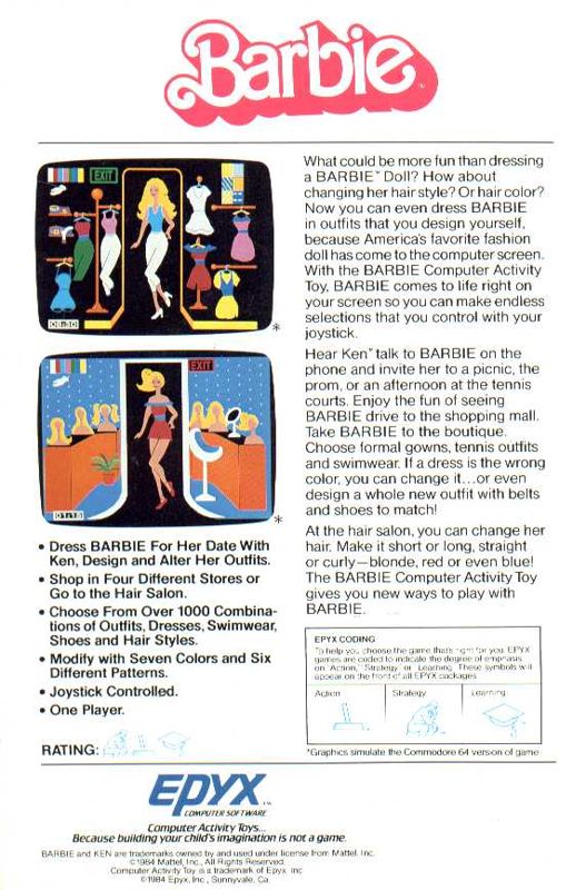 Back Cover for Barbie (Commodore 64)