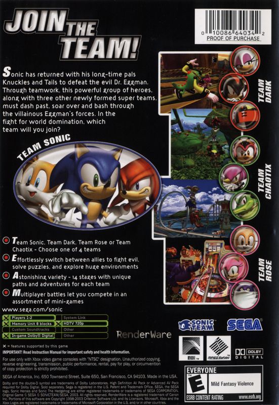 Back Cover for Sonic Heroes (Xbox) (Platinum Family Hits release)