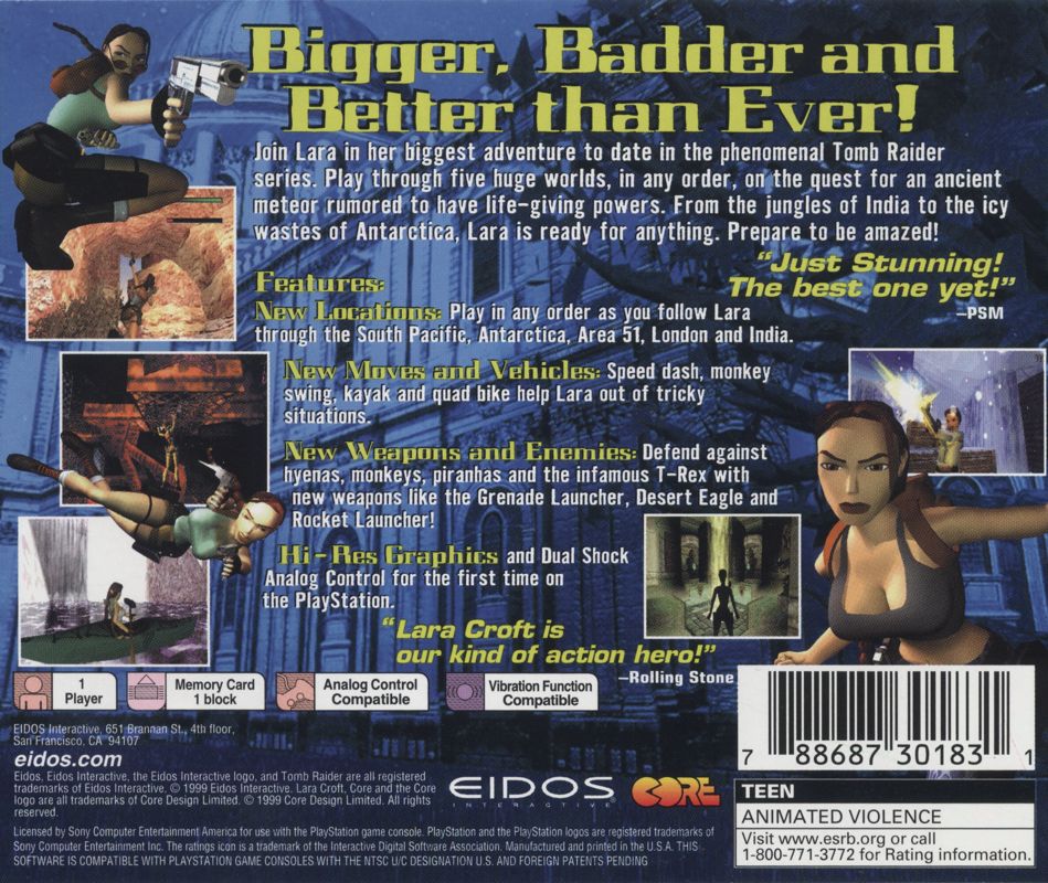 Back Cover for Tomb Raider III: Adventures of Lara Croft (PlayStation) (Greatest Hits release)