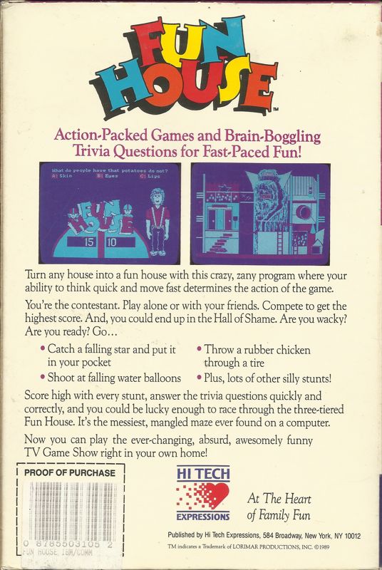 Back Cover for Fun House (Commodore 64 and DOS) (5.25" Release)