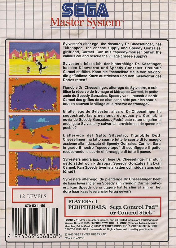 Back Cover for Cheese Cat-Astrophe starring Speedy Gonzales (SEGA Master System)