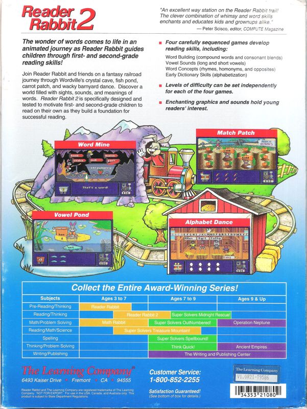 Back Cover for Reader Rabbit 2 (DOS) (Dual Media Release)