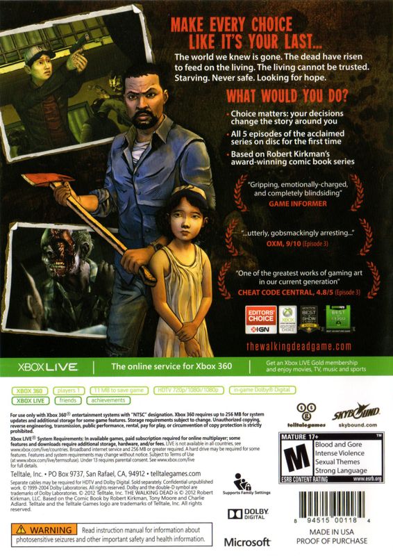 Back Cover for The Walking Dead (Xbox 360)