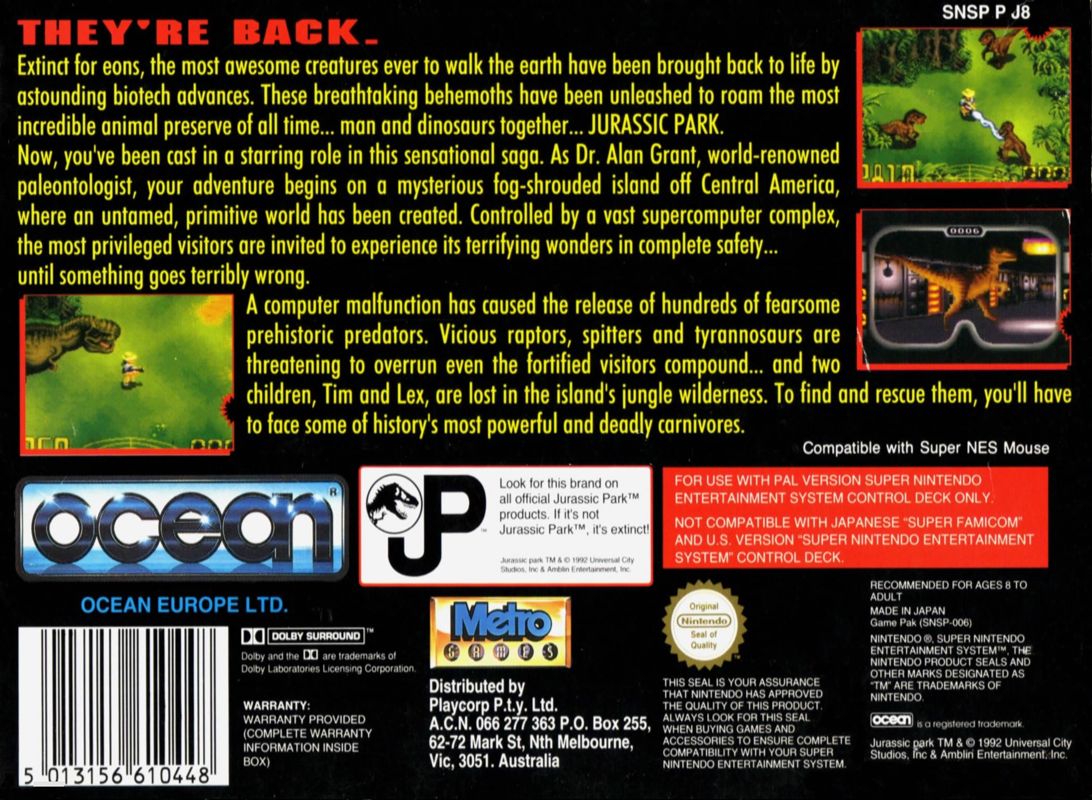 Back Cover for Jurassic Park (SNES)