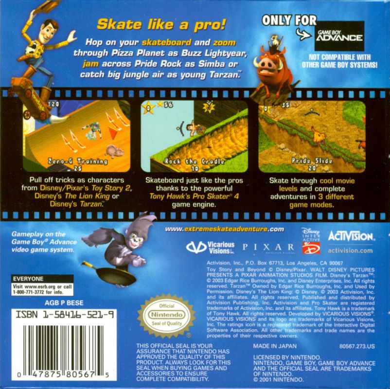 Back Cover for Disney's Extreme Skate Adventure (Game Boy Advance)