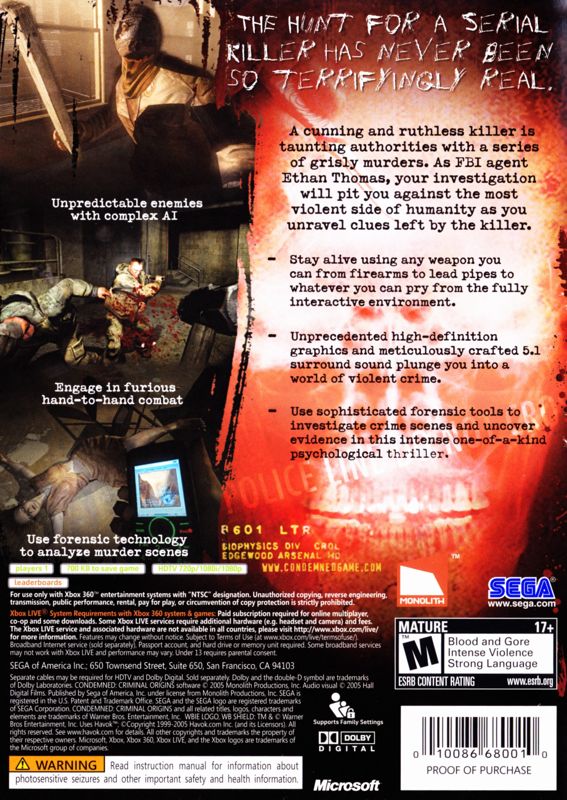 Back Cover for Condemned: Criminal Origins (Xbox 360) (Platinum Hits release)