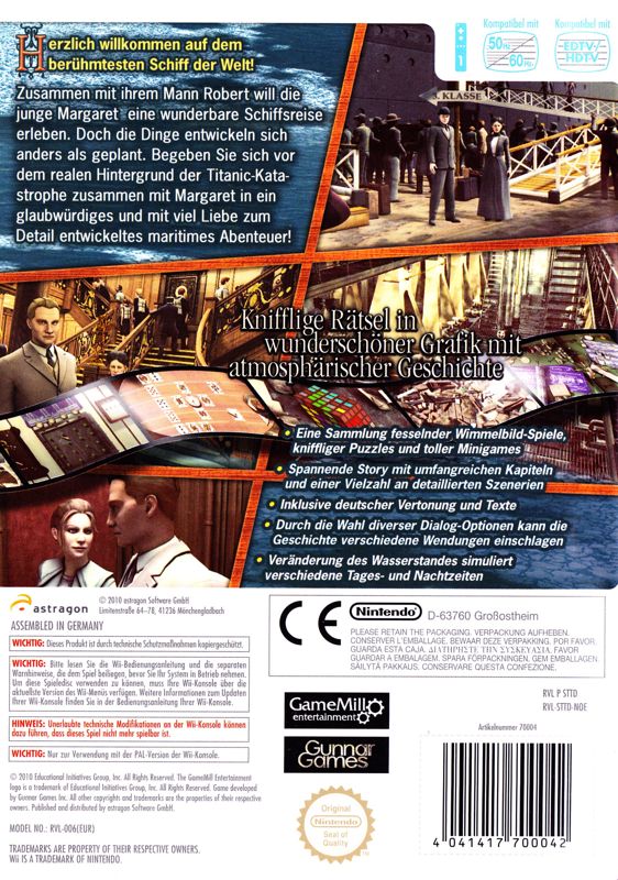 Back Cover for Hidden Mysteries: Titanic - Secrets of the Fateful Voyage (Wii)