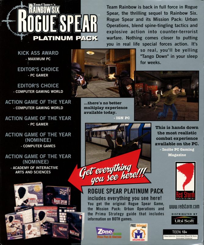 Back Cover for Tom Clancy's Rainbow Six: Rogue Spear - Platinum Pack (Windows) (No inside box flaps)