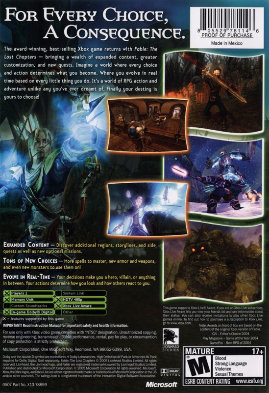 Back Cover for Fable: The Lost Chapters (Xbox) (Best of Platinum Hits release)