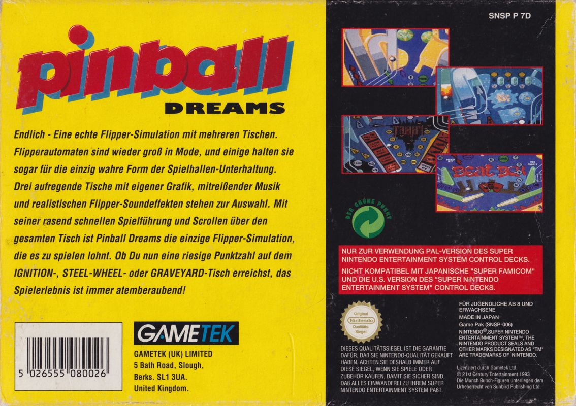 Pinball Dreams cover or packaging material MobyGames