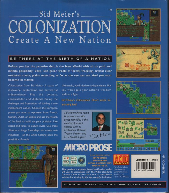 Back Cover for Sid Meier's Colonization (Amiga) (Acid Software release)