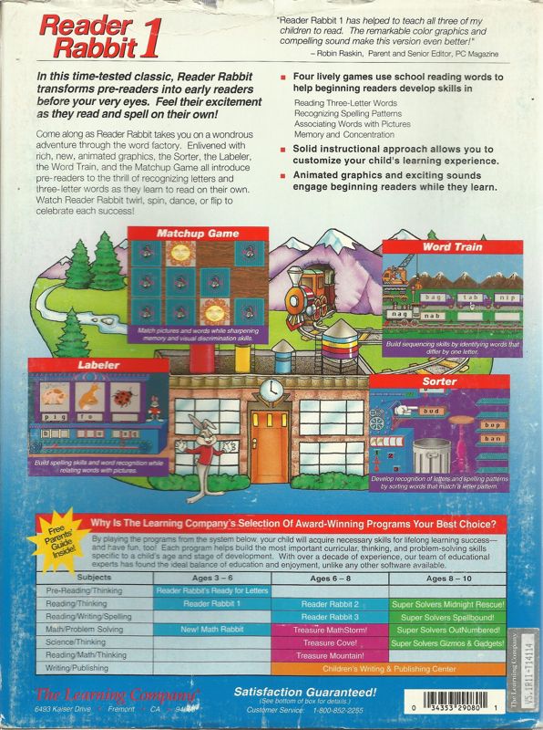 Back Cover for Reader Rabbit (DOS) (Dual Media release Version 5.1 (Released as "Reader Rabbit 1" in 1992) (*supports windows 3.x))