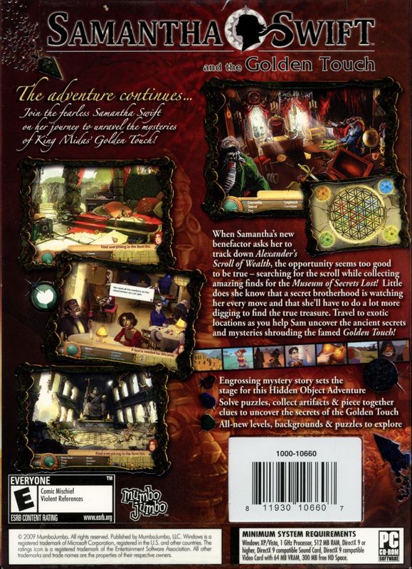 Back Cover for Samantha Swift and the Golden Touch (Windows) (includes Hidden Roses of Athena bonus game)