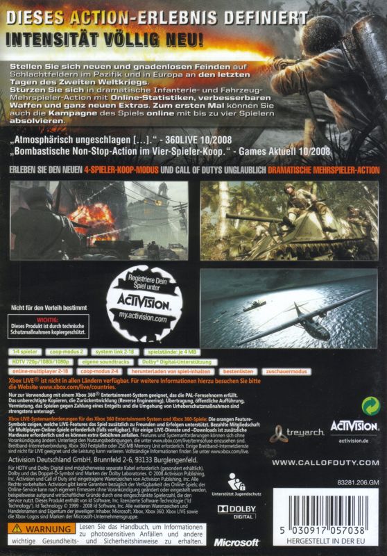 Back Cover for Call of Duty: World at War (Xbox 360)