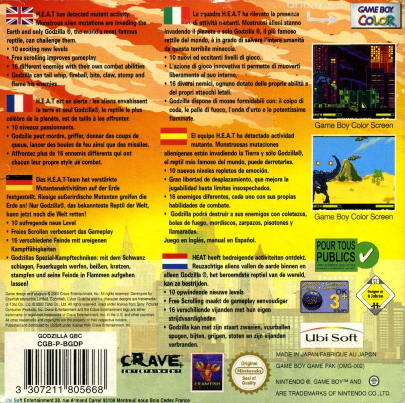 Back Cover for Godzilla: The Series - Monster Wars (Game Boy Color)