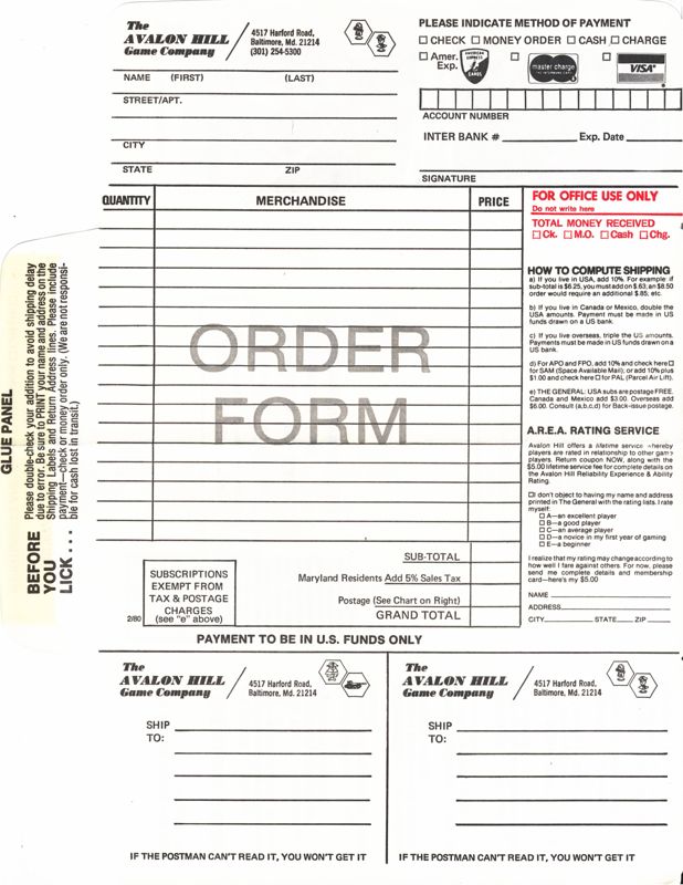 Advertisement for Midway Campaign (Apple II and Commodore PET/CBM and TRS-80): Order Form - Front