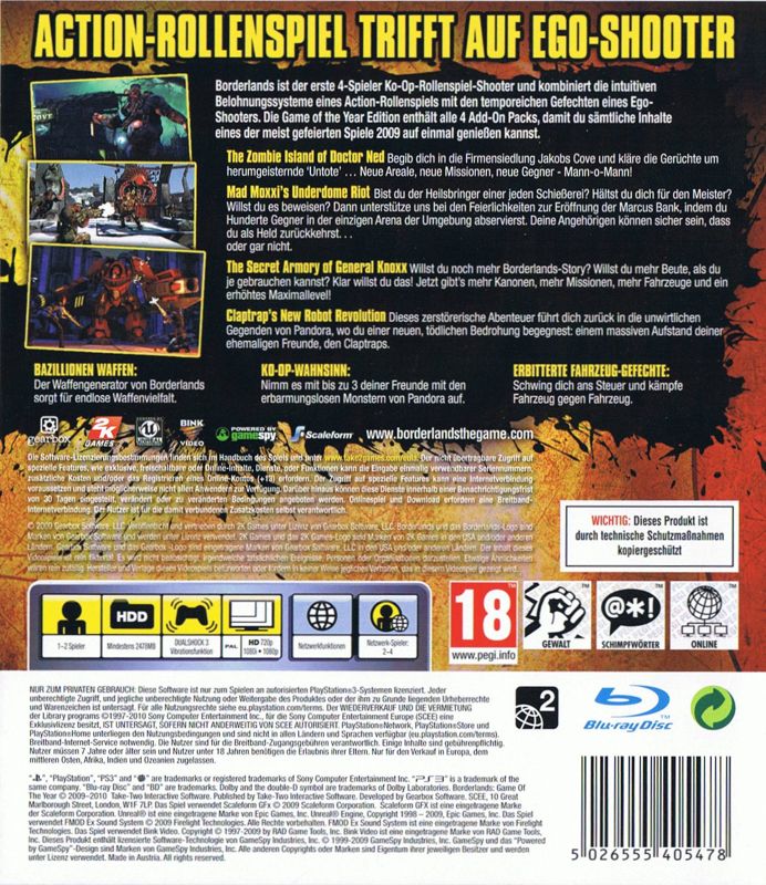 Back Cover for Borderlands: Game of the Year Edition (PlayStation 3)