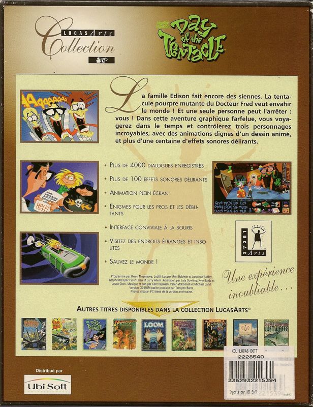 Back Cover for Maniac Mansion: Day of the Tentacle (DOS) (Ubisoft LucasArt's Collection release)