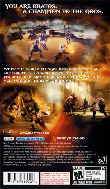 Back Cover for God of War: Chains of Olympus (PSP) (Greatest Hits release)