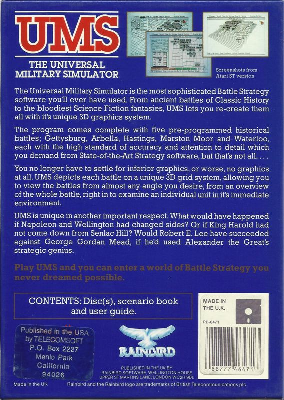 Back Cover for UMS: The Universal Military Simulator (DOS) (5.25" Release)