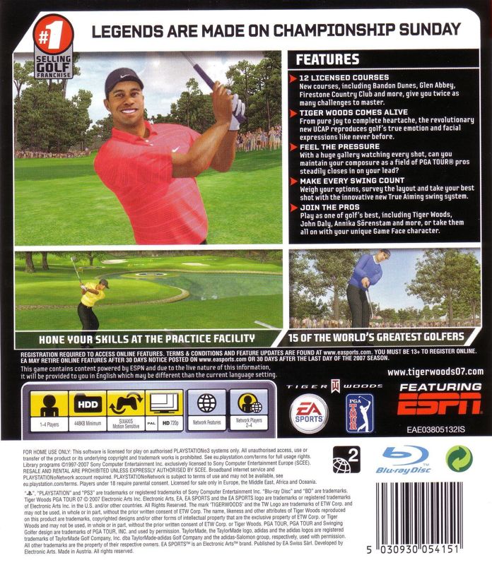 Back Cover for Tiger Woods PGA Tour 07 (PlayStation 3)