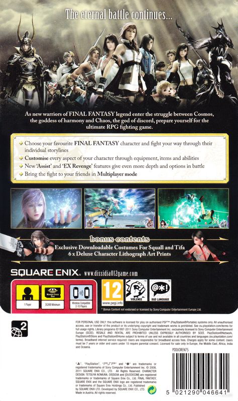 Back Cover for Dissidia 012: Final Fantasy (Legacy Edition) (PSP)