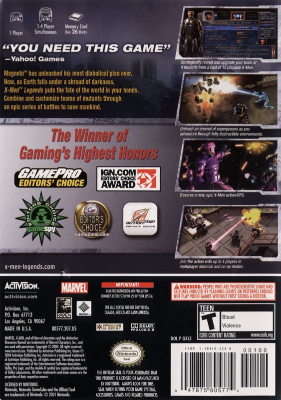 Back Cover for X-Men: Legends (GameCube) (Player's Choice release)