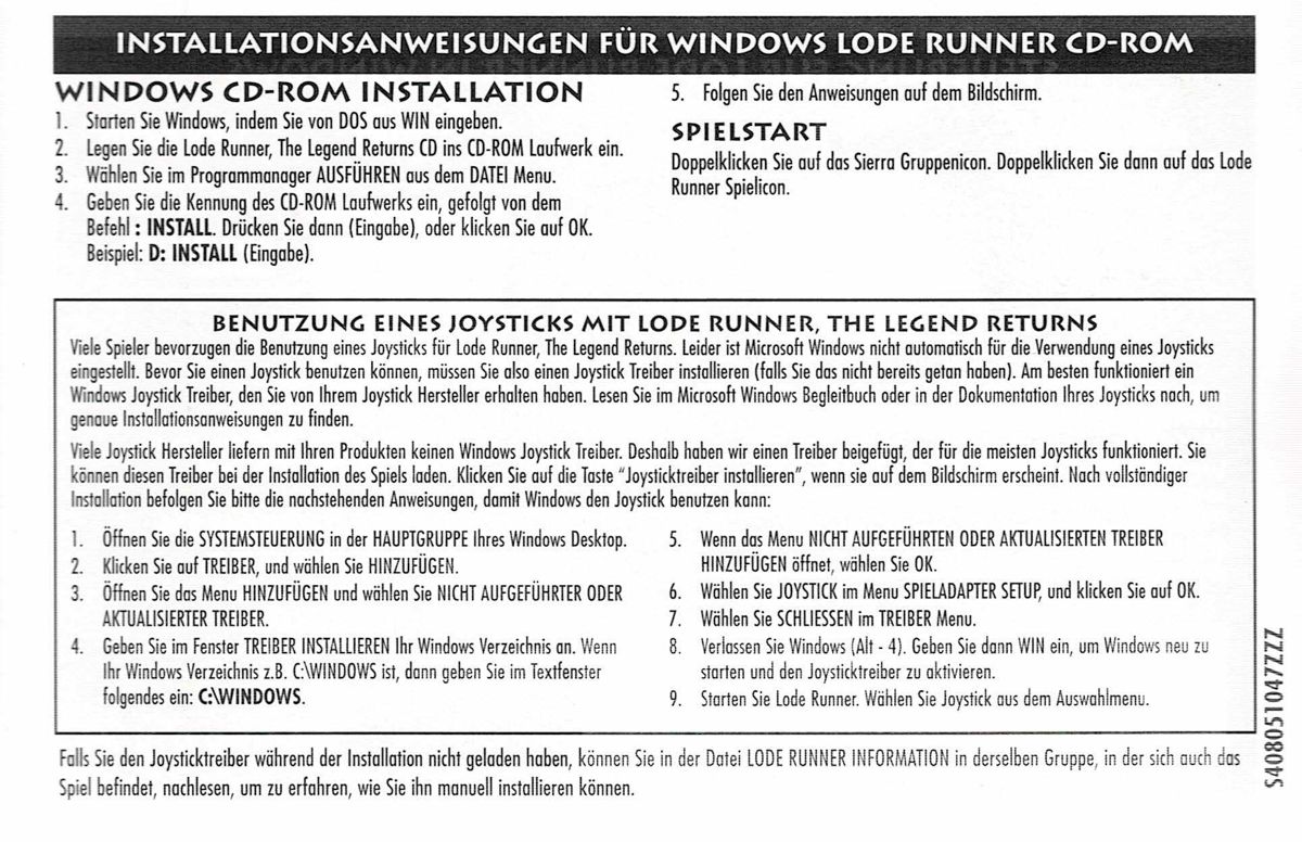 Reference Card for Lode Runner: The Legend Returns (Windows 16-bit): Back