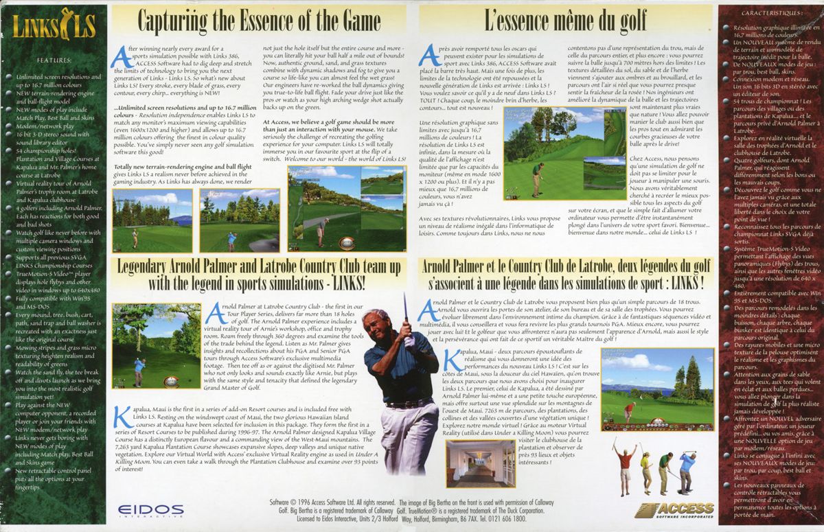 Back Cover for Links LS: Legends in Sports - 1997 Edition (DOS) (Double-width lid/tray type Box, with a 3-CD Jewel Case in a molded tray.)