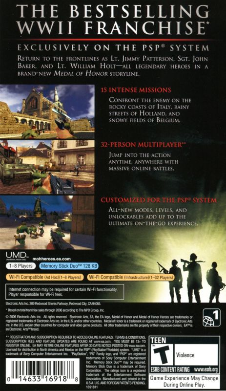 Back Cover for Medal of Honor: Heroes (PSP) (Greatest Hits release)