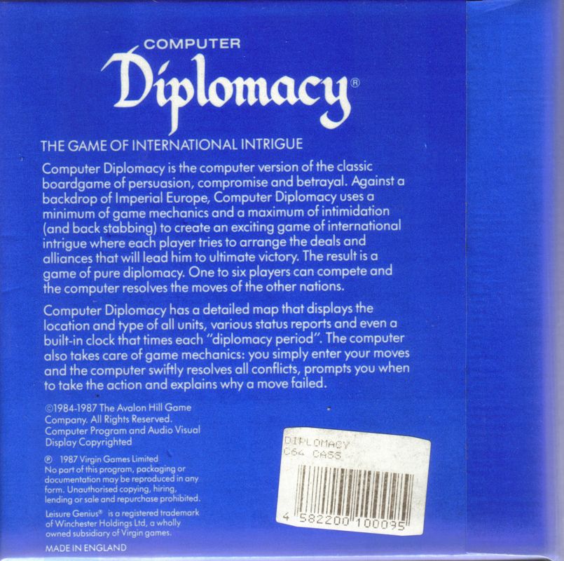 Back Cover for Leisure Genius Presents Computer Diplomacy (Commodore 64)