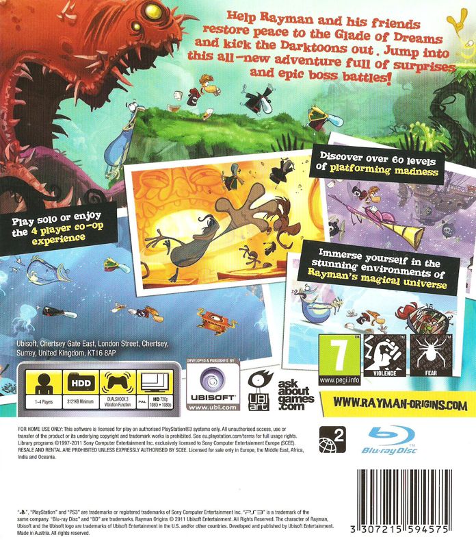 Back Cover for Rayman Origins (PlayStation 3)