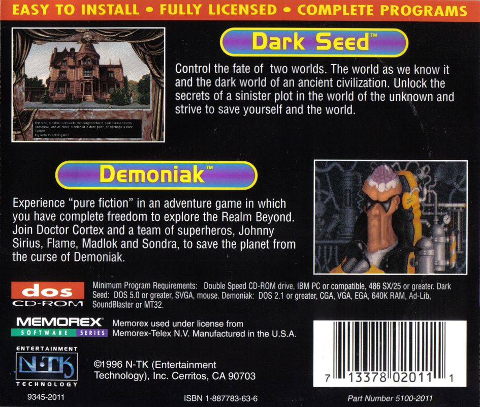 Back Cover for Memorex Entertainment Series: Dark Seed + Demoniak (DOS)