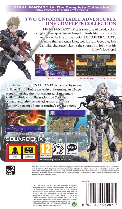 Back Cover for Final Fantasy IV: The Complete Collection (PSP) (PSP Essentials release)