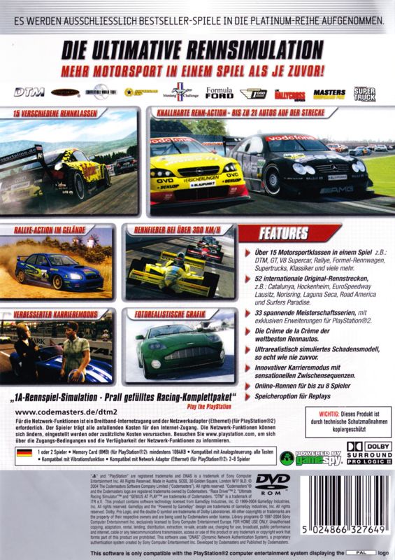 Back Cover for TOCA Race Driver 2 (PlayStation 2) (Platinum release)
