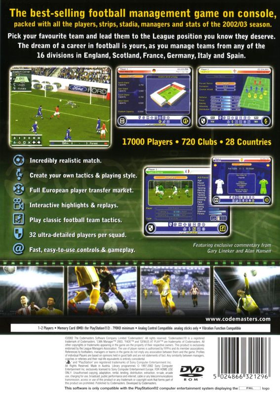 Back Cover for LMA Manager 2003 (PlayStation 2)