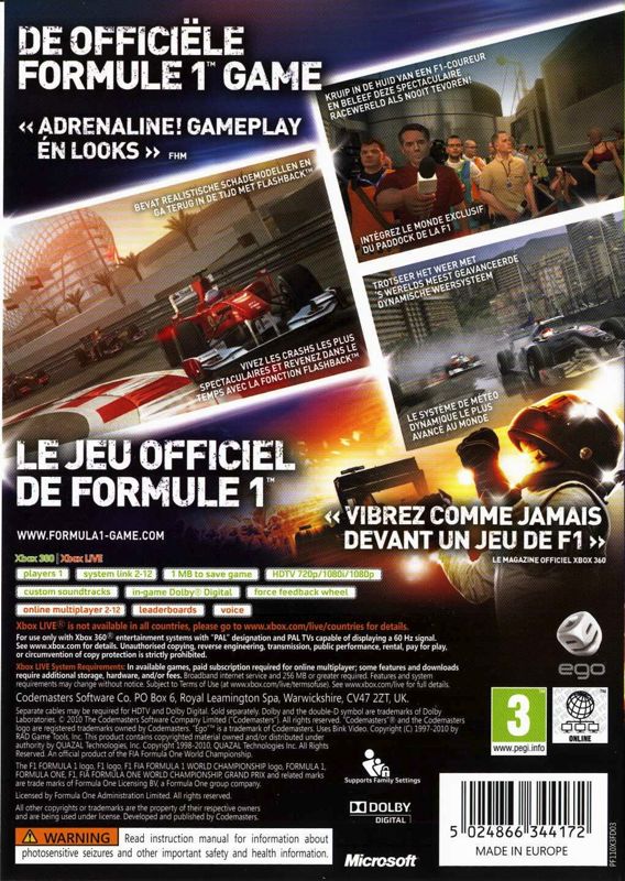 Back Cover for F1 2010 (Xbox 360)