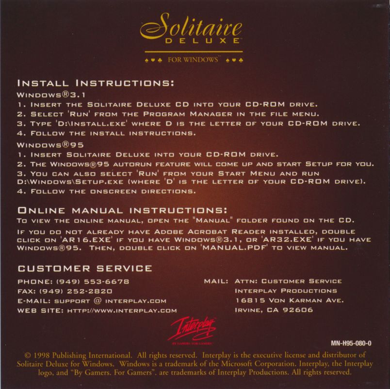 Front Cover for Solitaire Deluxe (Windows 3.x) (Windows 95 compatible re-release): Inside