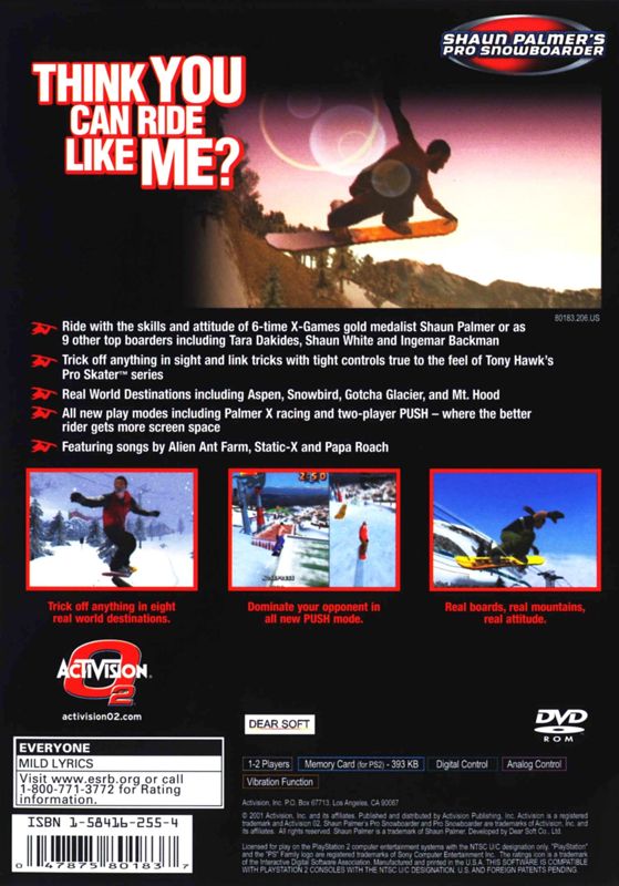 Back Cover for Shaun Palmer's Pro Snowboarder (PlayStation 2)