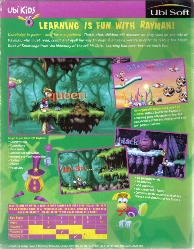 Back Cover for Maths and English with Rayman: Volume 2 (DOS and Windows)