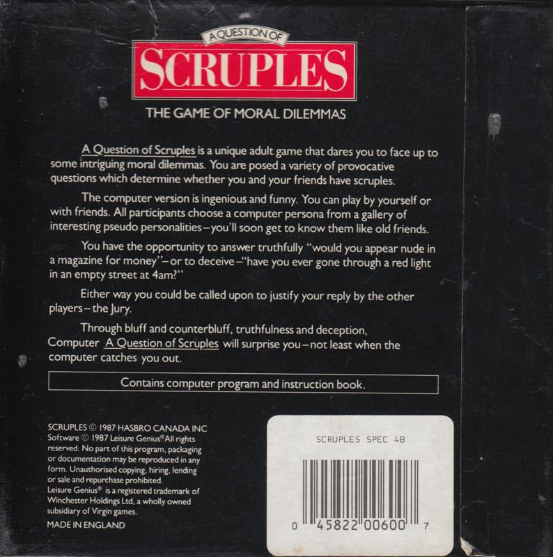 Back Cover for A Question of Scruples: The Computer Edition (ZX Spectrum)