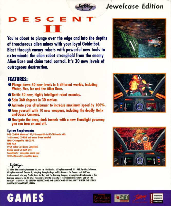 Back Cover for Descent II (DOS and Windows) (Softkey Jewel case edition)