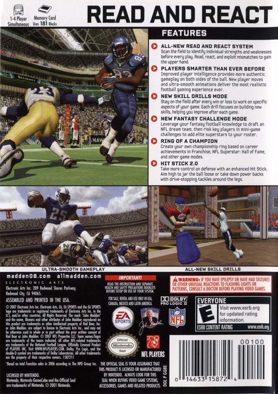 Back Cover for Madden NFL 08 (GameCube)